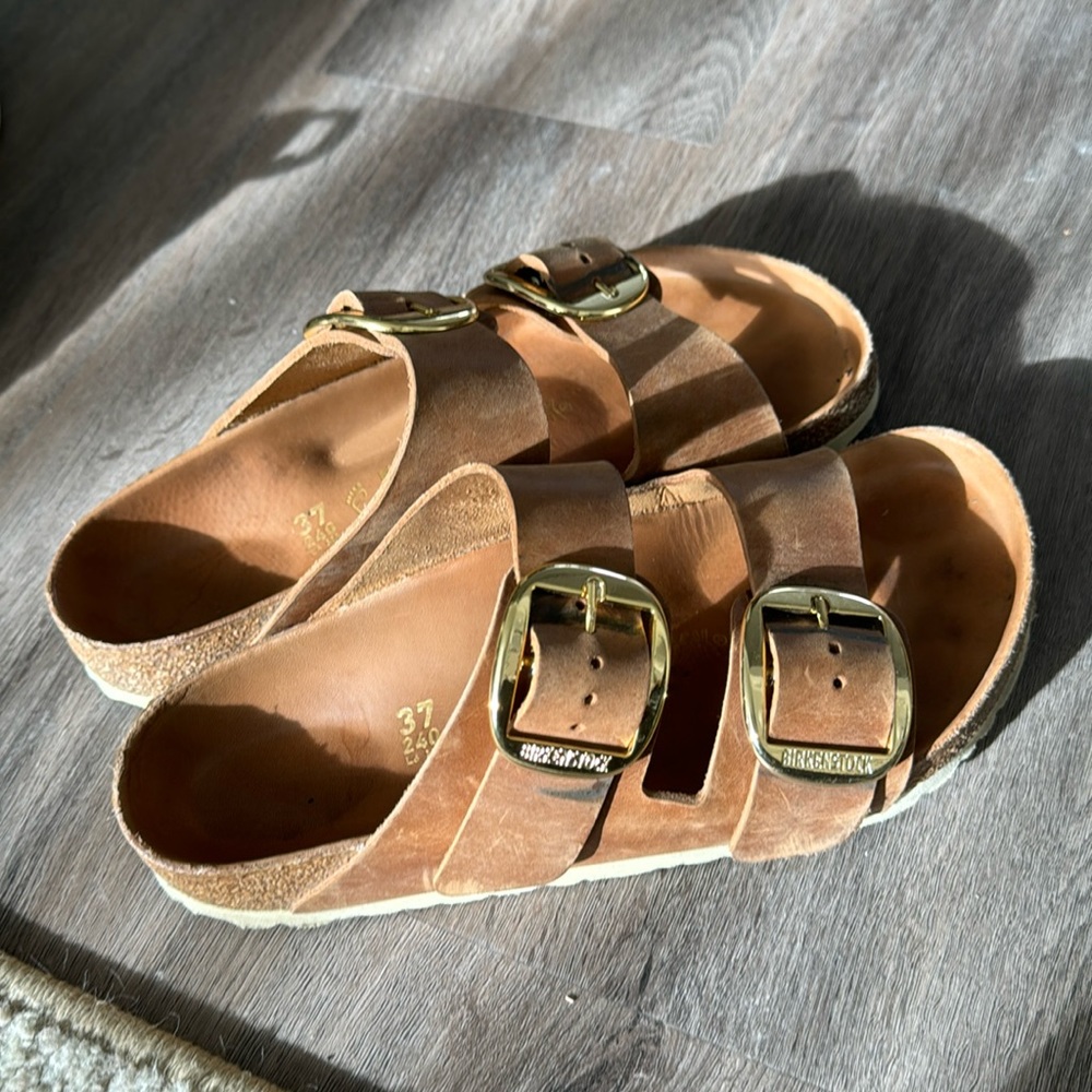 Birkenstock genuine 100% leather sandals with unique chunky gold buckles
